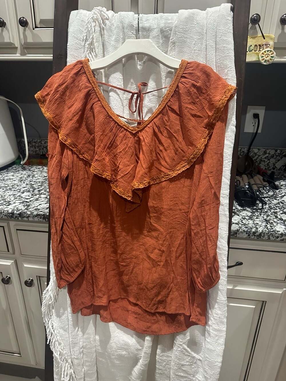 Entro Ruffle Blouse Size M Terracotta Boho Long Sleeve